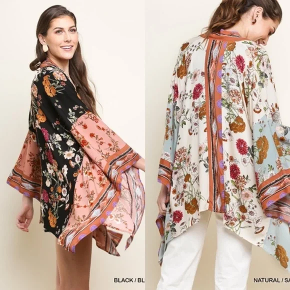 023 Boho Floral Print Waterfall Open Front Kimono Cover up - Picture 2 of 2